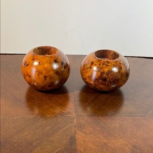 MCM Burl Wood Tea Light Holders with smooth polished texture and rounded shape
